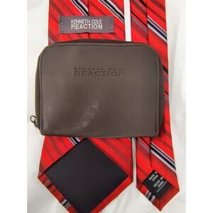 BUNDLE:  Kenneth Cole Red Striped Tie & a Small Brown Canvas Zippered Wallet